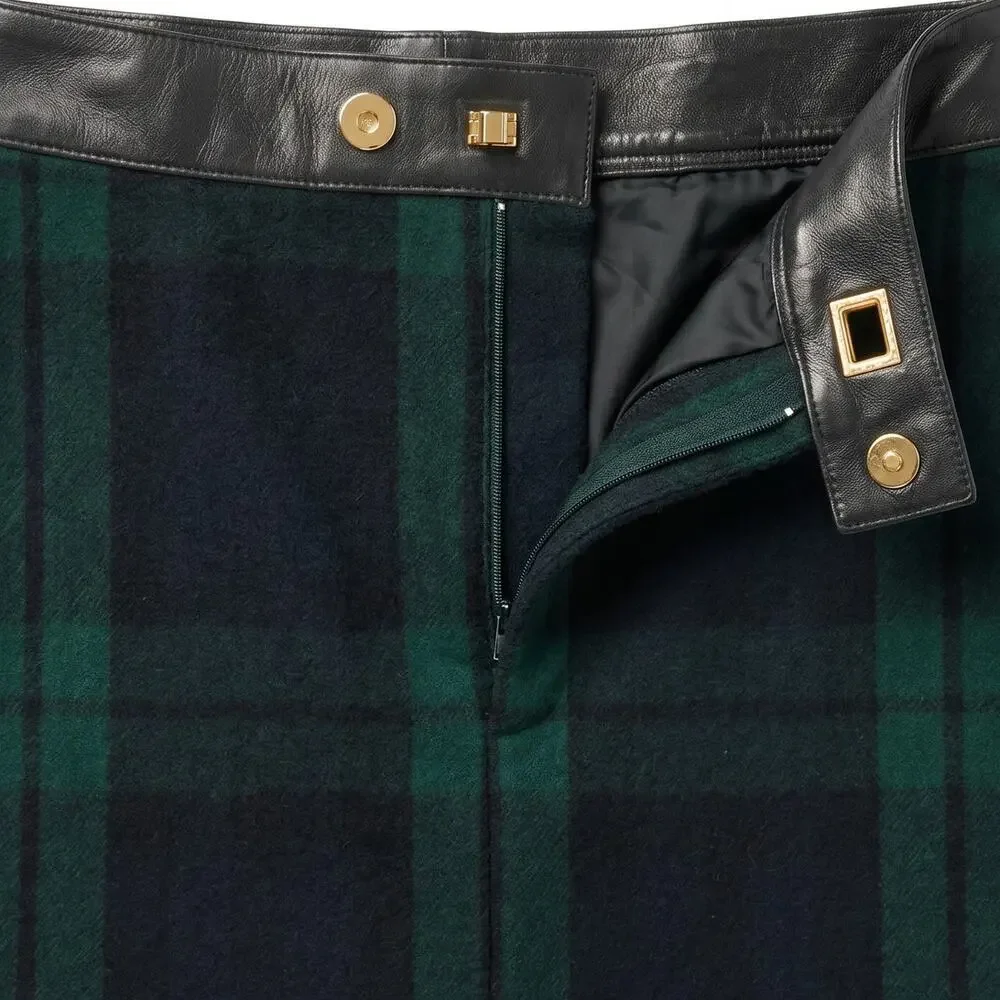 100% Wool 100% Leather Blackwatch Tartan Plaid Pencil Mini Skirt